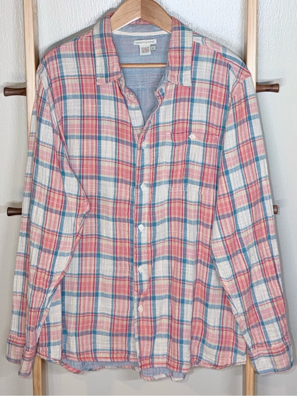 Carbon2Cobalt Men's Casual Light Orange, Blue and Red Plaid Button-Down Shirt